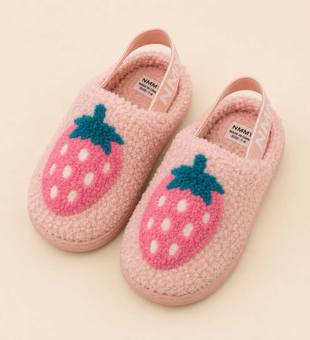 Kids Strawberry Teddy Fleece Slippers Pink Cozy House Shoes Size 5-6